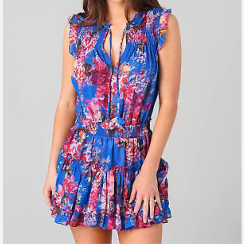 MISA Los Angeles Floral Blue Ruffle Dress
